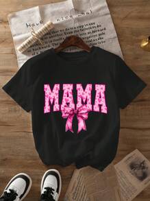 Large "Mama" Print T-Shirt - Black, Pink Leopard Print Lettering And Bow Design, Women's Short-Sleeved Crew Neck Casual Top For Spring And Summer Women's Plus-Size Gift T-Shirt, The Perfect Holiday T-Shirt - 黑色 - 查看 1