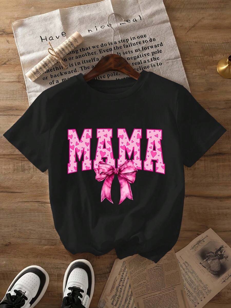 Large "Mama" Print T-Shirt - Black, Pink Leopard Print Lettering And Bow Design, Women's Short-Sleeved Crew Neck Casual Top For Spring And Summer Women's Plus-Size Gift T-Shirt, The Perfect Holiday T-Shirt - 黑色 - 查看 1