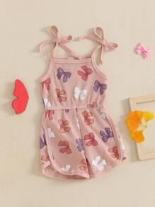 Mono de verano sin mangas estilo casual para bebé y niña pequeña con lazo, estampado y tirantes con nudo, ropa linda para recién nacidos