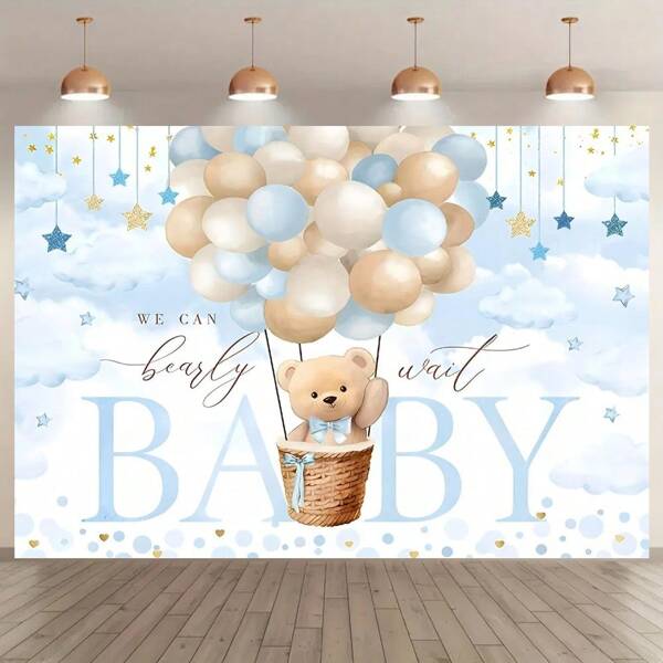 1 pieza Pancarta de fondo para fiesta de bienvenida del bebé con globo con diseño de oso, "Podemos esperar", de material de poliéster, globo azul, nebulosa y diseño de oso de peluche, adecuado para fiestas de cumpleaños, decoración de mesa de pastel y accesorios para fotomatón, decoración de fondo para fiesta de bienvenida del bebé