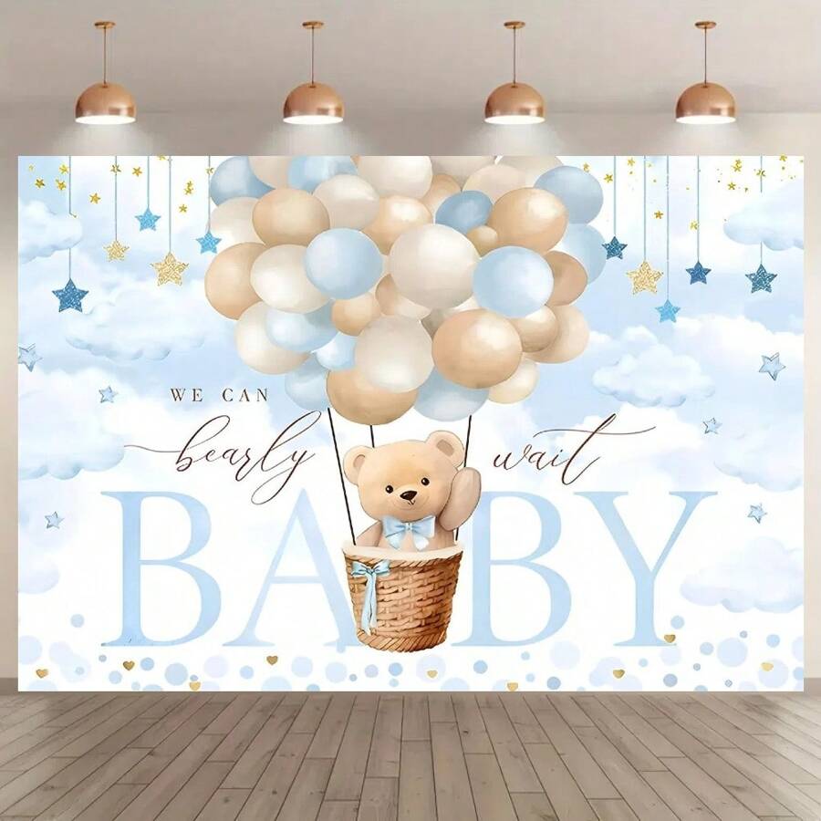 1pc Bear Balloon Shower Background Banner, We Can Wait, Polyester Material, Blue Balloon, Nebula And Teddy Bear Design, Suitable For Birthday Parties, Cake Table Decoration And Photo Booth Props, Shower Decoration Background, - Multicolor - View 1