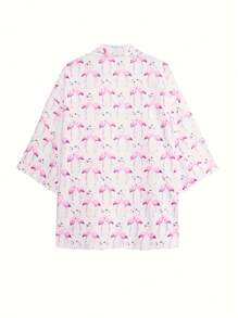 Men's Japanese Style Kimono Shirt, Vintage Open Shirt, Flamingo Printed Beach Holiday Top, Flowy Soft Breathable Yoga Apparel - White - View 3