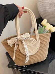 Two Tone Straw Bag Medium Double Handle Vacation,School Bag,Large Capacity,Portable,For Teen Girls Women College Students,White-Collar Workers,Perfect For Work, Back To School,Middle School,High School,College,Vacation, Vacation Bag For Summer, Beach Purse, Perfect For Summer, Vacation & Daily Use
