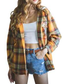 Women Plaid Shirt Jacket Casual Long Sleeve Button Down Hooded Woolen Coat Spring Fall Outwear - Light Yellow - View 3