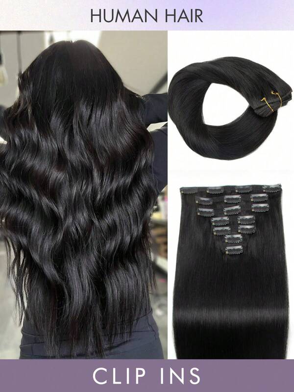 7 Pcs Clip In Hair Extensions Human Hair Color 1b Nature Black 14-22 Inch Straight Remy Human Hair Extensions Clip Ins Seamless Clip-In Hair Extensions