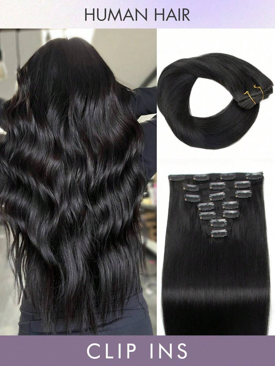 7pcs Clip-In Hair Extensions, Real Human Hair, 1B Natural Black, 14-22 Inches Straight, Remy Human Hair Clip-In Extensions, Seamless Clip-In Hair Pieces - S1 - View 1