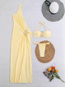 3pcs Set Women Wedding Day Swimwear For Summer Days From Poolside To Beachside, Basic Elegant Bikini Light Yellow Coverups Sarong Beachwear - Yellow - View 1
