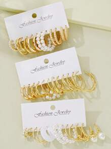 12 件套优雅人造珍珠和树脂心形花环耳环，女士度假约会派对礼物日常佩戴配饰 - 款式1 - 查看 6