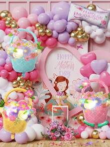 3 quả bóng bay hình giỏ hoa, màu hồng, vàng, xanh, trang trí tiệc Ngày của Mẹ - Nhiều màu - Xem 1