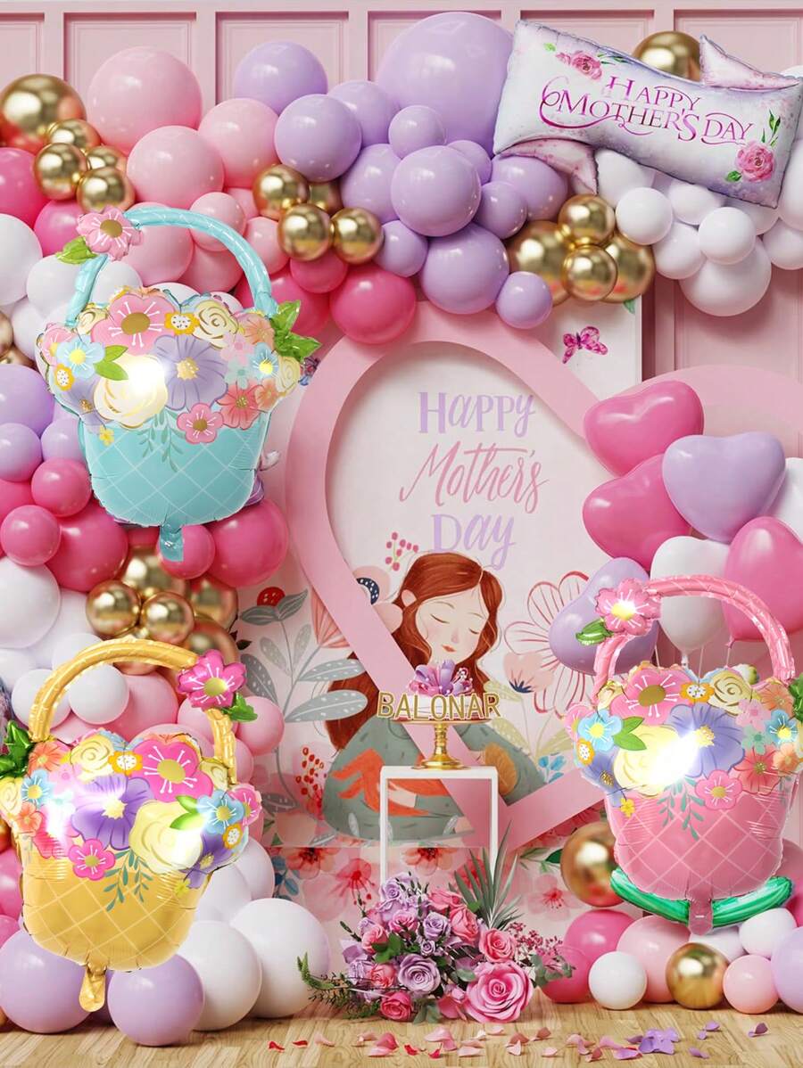3 quả bóng bay hình giỏ hoa, màu hồng, vàng, xanh, trang trí tiệc Ngày của Mẹ - Nhiều màu - Xem 1