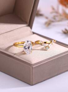 2pcs/Set Elegant S925 Sterling Silver Oval Cubic Zirconia V-Shape Wedding Band Ring Set For Women, Suitable For Engagement, Wedding, Daily Wear, Anniversary, Holiday Gift - Gold - View 2