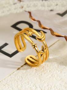 1pc Stainless Steel Golden Vintage Star & Moon Shaped Open Ring, Lovely Gift For Women, Suitable For Everyday, Party, Date, Holiday Wear