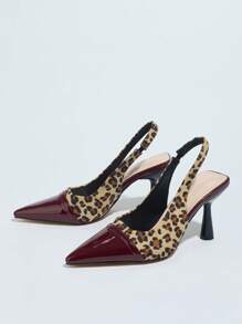Women's Pointed Toe Leopard Multi-Color Pieced Stiletto Heel Slingback Pumps, Suitable For Commuting, Work, Everyday Wear - Burgundy - View 3