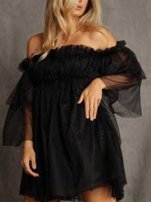 Blusa con volantes de tul - Negro - Ver 3
