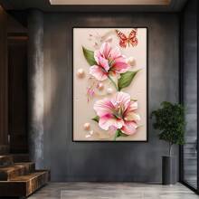 Pink Flowers Decorated With Pearls And Butterflies. Large Wooden Framed Wall Painting Artist Home Decoration Oil Painting - Bedroom, Bathroom, Living Room, Office, Kitchen, Christmas Gifts - 1 Piece - Multicolor - View 2