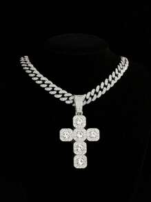 1pc Men's Double Layer Fully Rhinestone Cross Pendant Necklace, Fashionable Personalized Titanium Steel Tennis Chain - Cross Necklace - View 10