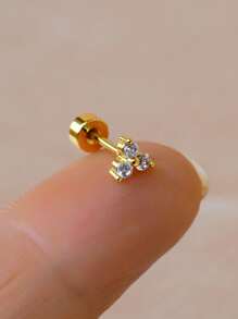 1pc Elegant Minimalist Earring, 18K Gold Plated Stainless Steel & Cubic Zirconia Clover Design, Petite & Versatile For Daily Wear, Suitable For Men & Women. Can Be Worn On Cartilage, Helix, Tragus, Inner Conch, Inner Rim, Lobe And Other Ear Piercings. Flat Back Design, Fashion & Unisex. Cubic Zirconia Material, Silver Color, Flat Back Earring, Nose Stud, Screw Back, Suitable For Inner Rim And Various Ear Piercings. - A Round Three-leaf CZ Earrings - View 11