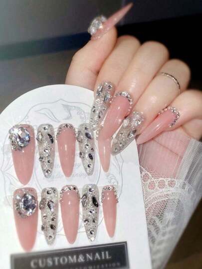 10pcs Set Almond Shaped Long Handmade Intricate Wear-On Nails, Y2K Hand-Painted Shimmering Bling Minimalist Chic Luxury Manicure Nail Set,Suitable For Music Festivals, Parties, Events, Daily Wear, Reusable, Incl. 1 Gel Polish & 1 Buffer