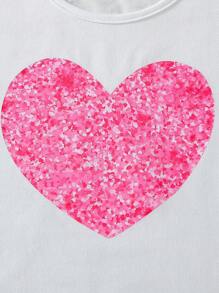 2pcs Young Girl Casual Solid Color Heart Pattern Colorblock Short Sleeve Top And Shorts Set, Summer Outfit For Everyday Wear - White - View 4