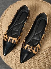 Bailarinas con estampado de leopardo y empalmado elegantes para mujeres, adecuadas para banquetes, ir al trabajo, oficina y ocasiones casuales, versátiles