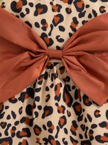 2 件装女婴夏季蝴蝶结豹纹无袖连衣裙和帽子套装，度假海滩装 - 棕色 - 查看 5