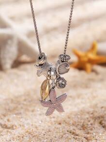 1 peça elegante e versátil colar de aço inoxidável com pingente de pérola, cristal e concha feito à mão para mulheres, adequado para praia, festa, viagem, ocasiões casuais