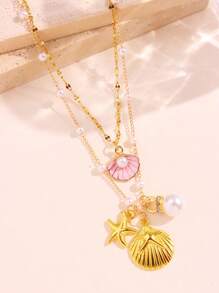 2pcs/Set Simple Fashionable Beach Necklace, Starfish Pearl Shell Layered Chain Design, Ideal Women Gift For Holiday - Multicolor - View 5