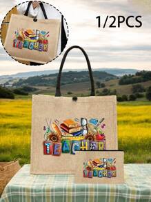 Bolso de mano de lino con estampado de patrones temáticos de maestros, bolso grande con bolso pequeño, con diseños de colores contrastantes que presentan patrones de útiles escolares, libros y artículos de papelería