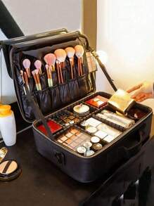 多功能 PU 皮革化妆包，大容量专业分隔化妆包，配有双肩带和肩带，适合美容师、美甲师、纹身师、化妆师旅行必需品旅行配件旅行必备品返校用品 - 彩色 - 查看 4