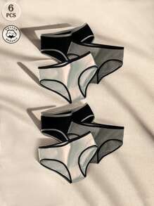 6pcs Women's Colorful Sports Minimalist Style Underwear, Mid Rise Black White Gray Triangle Panties