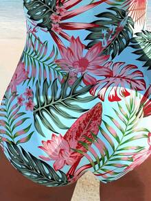 2025 New Sexy Floral Print Women's Bikini Swimsuit, European And American Style Popular Print One-Piece Swimwear - Blue Print - View 5