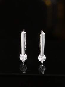 1 对 S925 纯银耳环，简约水钻装饰 D 形耳环，时尚百搭，适合日常佩戴 - 銀色 - 查看 3