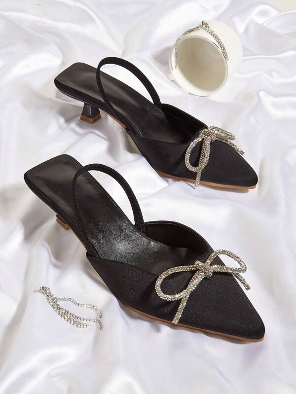 Women Bow & Rhinestone Decor Pumps, Fashionable Point Toe Slingback Pumps Valentines