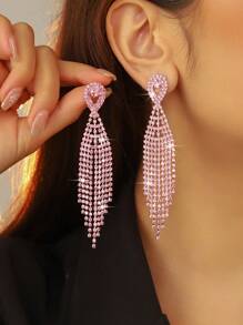 Glamorous Spring Pink CZ Crystal Tassel Earrings Stud Dance Club Party Graduation Jewelry 1 Pair - Multicolor - View 4