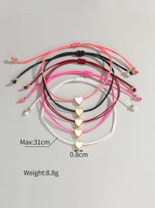 Set de 5 pulseras con dijes en forma de corazón de estilo bohemio - Diseño trenzado ajustable de cuerda colorida para atuendo casual y regalo - Multicolor - Ver 4