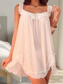 Women Sexy Nightdress Sleeveless Mesh Sheer Lace Trim See Through Bow Sleep Dress Sleepwear Loungewear With Briefs - 白色 - 查看 3