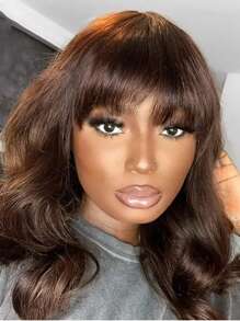 棕色波浪刘海真人发假发，无胶巴西原生发机织无蕾丝真人发假发，适合女士万圣节服装 - S4 - 查看 5