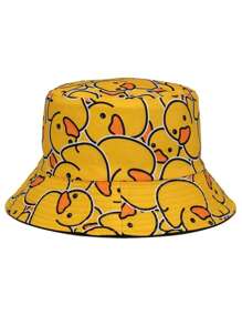 1 Pc Foldable Reversible Duck Print Bucket Hat For Women, Polyester, Sun Protection, Suitable For Spring/Summer, Beach
