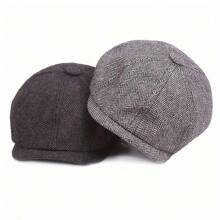 Retro British Plaid Octagonal Cap Men, Autumn/Winter Fashion Beret Cap, Korean Style Newsboy Hat