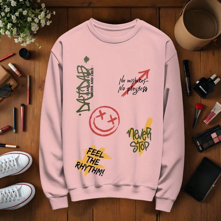 Crew Neck Sweatshirt With Stylish Prints 100% Cotton
