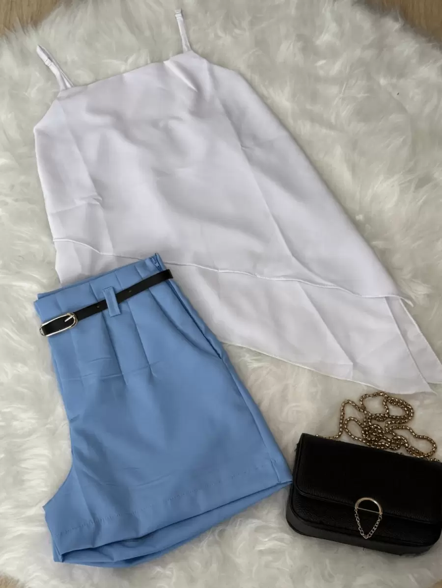 Elegant Set Of Tailored Shorts With Pocket And Free Belt Plus Asymmetrical Blouse Fashion  2025 - Baby Blue - View 1