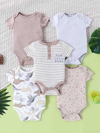 5PCS Spring/Summer New Boys' Baby Baby Triangle Jumpsuit Crawler With Animal Dinosaur Pattern+Solid Color+Stripe Pattern Cute Match Cool Baby