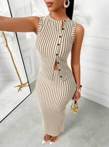 AIJ Amarilo 女士夏季休闲条纹纽扣无袖修身上衣和半裙两件套，适合度假和居家生活（随机印花） - 杏色 - 查看 1