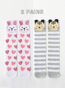 1pc/2pcs Girls Cartoon Animal & Striped Pattern Above Knee Socks, Comfortable & Warm Leg - Multicolor - View 8