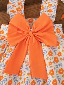 2 pièces Tenue d'été pour petites filles, robe à nœud et chapeau floral sans manches, orange, tenue décontractée pour tous les jours
