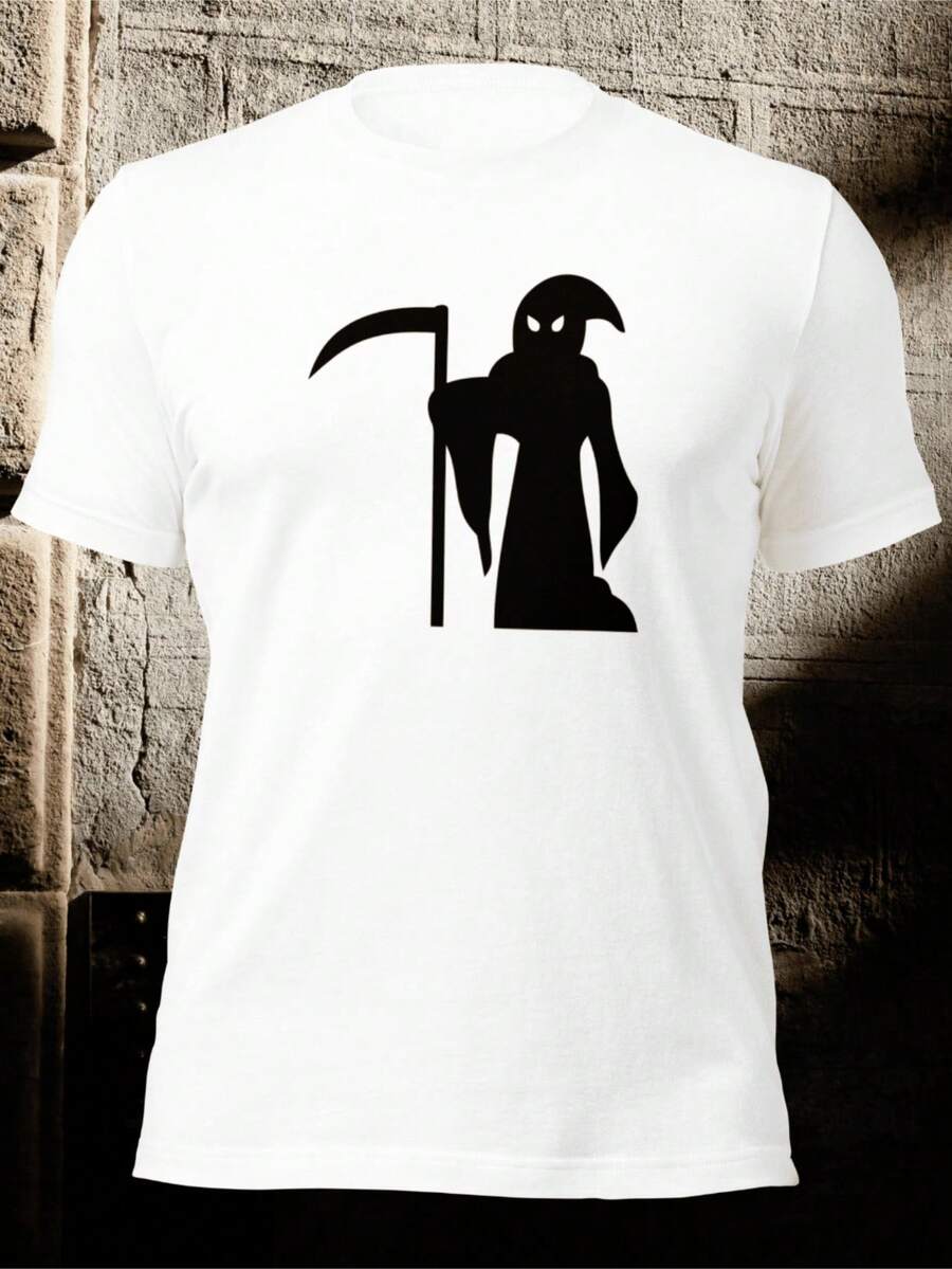 Camiseta Gráfica Con Estampado Gráfico Retro " La Parca " Para Hombre Camiseta Informal De Verano De Tela Transpirable, Camiseta Informal De Manga Corta Con Cuello Redondo De 220 G, Camiseta 100% Algodón Engrosada - Blanco - Ver 1