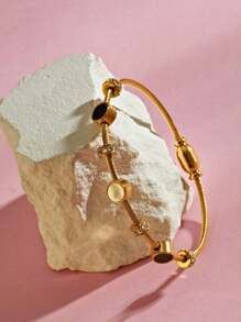 1 件时尚优雅心形和蝴蝶贝壳镶嵌水晶女士手镯，18K 镀金不锈钢螺旋手链，适合女性日常和节日 - 金黃色 - 查看 5