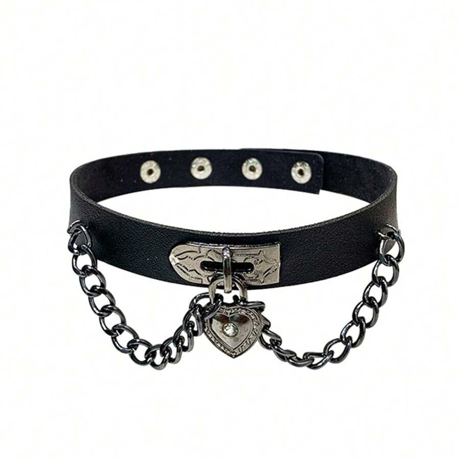 ROMWE Grunge Punk New Fashion Punk Heart Pendant Choker Necklaces Chain Goth Leather Necklace Collar Chocker Necklace On Neck Women Girls Jewelry - Black - View 1