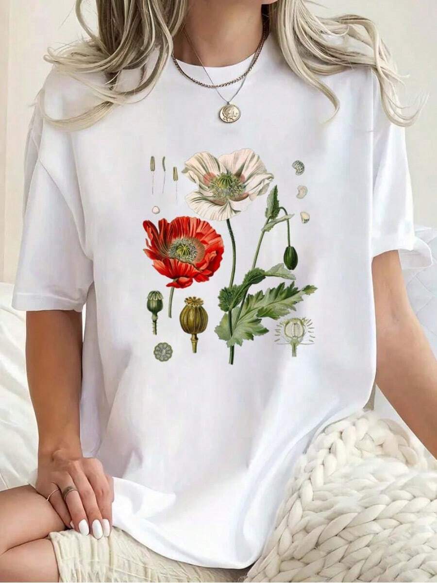 Camiseta con estampado de amapolas rojas botánicas, cuello redondo casual de manga corta, cómoda para primavera y verano, ropa de mujer - Blanco - Ver 1