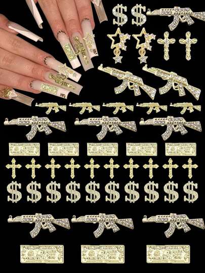 55 pezzi Charm per unghie a forma di pistola, gioielli per unghie 3D a forma di croce, charm a forma di dollaro d'oro, gemme per unghie in stili misti, forniture per manicure e unghie per donne